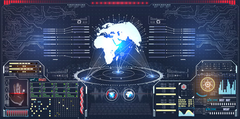 Fototapete - Infographic or technology interface for information visualization. Science and space, tech and sci-fi, analysis theme Planet hologram with futuristic hud design elements with bar and circle graph. 