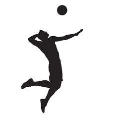 Sticker - Volleyball player spiking ball, isolated vector silhouette. Side view