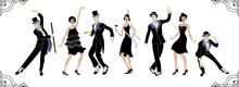 Charleston Party. Gatsby Style Set. Group Of Retro Woman And Man Dancing Charleston. Vintage Style. Retro Silhouette Dancer.1920 Party Vector Background.Swing Dance
