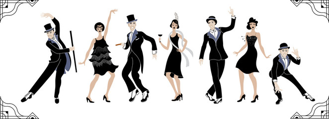 Charleston Party. Gatsby style set. Group of retro woman and man dancing charleston. Vintage style. retro silhouette dancer.1920 party vector background.Swing dance