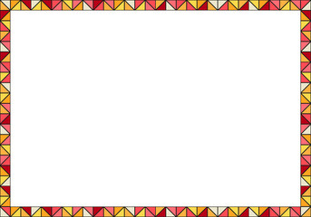 Wall Mural - Geometric colorful frame made of multicolored triangles - red, orange, yellow, pink with black outline; empty white copyspace in center of the border