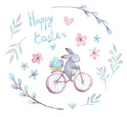 watercolor easter set. Cartoon rabbit, flowers, hearts, bicycle, eggs