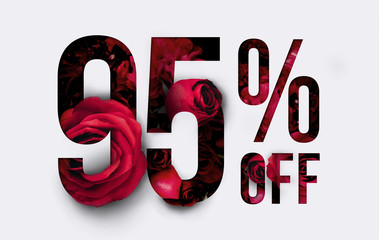 95% off discount promotion sale Brilliant poster, banner, ads. Precious Paper cut with Real red rose flowers for your elegant and unique selling poster / banner promotion offer percent discount ads.