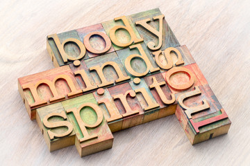 Wall Mural - body, mind, spirit and soul word abstract in wood type