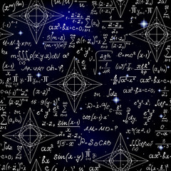 Mathematical vector endless seamless pattern with formulas, figures and calculations handwritten on the starry background