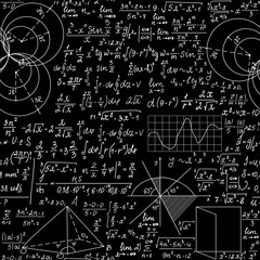 Wall Mural - educational physics vector seamless pattern with handwritten physical formulas, plots, calculations