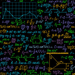Wall Mural - multicolored physics vector seamless pattern with handwritten plots, formulas and calculations. math