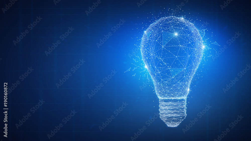 Polygon idea light bulb on blockchain technology network hud background. Global cryptocurrency blockchain business banner concept. Lamp symbolize inspiration, innovation, invention, effective thinking - obrazy, fototapety, plakaty 