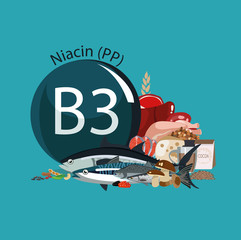 Sticker - Vitamin B3 (PP). Nutritional sources.