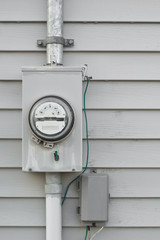 Electricity usage  meter on house siding.