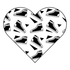 Poster - pattern shape heart with classic sneakers retro vector illustration black image