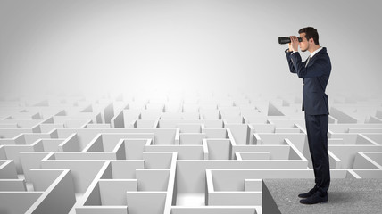 Wall Mural - man standing on top of a maze with binoculars