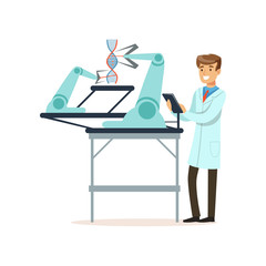 Wall Mural - Male scientist and robotic arm conducting experiments in a modern laboratory, robotic arm working with DNA structure, artificial intelligence concept vector illustration