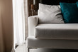 © whyframeshot - contemporary interior of Living room with part of sofa in sunny day and white curtain interior background concept
