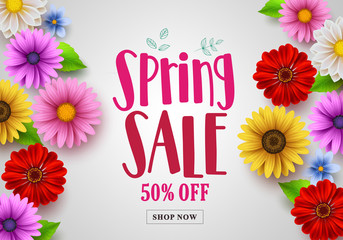 Wall Mural - Spring sale vector banner design with template background of various colorful flowers like daisy, sunflower and other elements for spring season discount promotion. Vector illustration.
