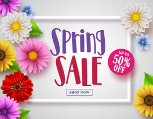 Wall Mural - Spring sale vector banner with sale text design in white frame and colorful various flowers and elements in a background for spring season shopping discount promotion. Vector illustration.
