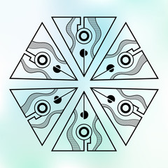 Wall Mural - Six symmetrically arranged triangles, separated with lines and circles.