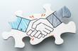 Handshake jigsaw puzzle pieces on reflection background. Concept image of business partnership, collaboration and corporation.
