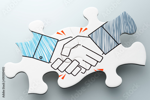 Fotografía Handshake jigsaw puzzle pieces on reflection background
