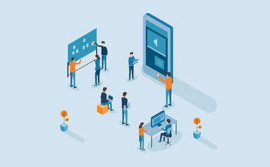 Poster - mobile application design  and development process .with isometric  group business team  working and project brainstorming concept
