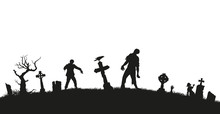 Black Silhouette Of Zombies On Cemetery Background. Nightmare Landscape With Dead People. Panorama Of Undead Monster And Gravestone. Halloween