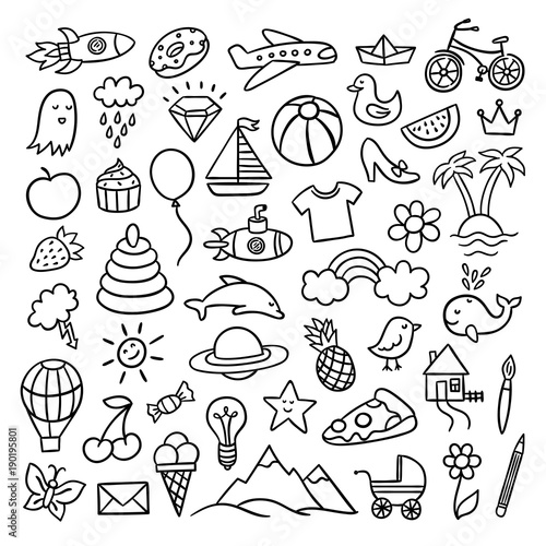 Hand drawn doodle illustrations. Cute vector drawings with different ...