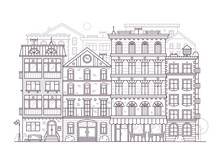 Monochrome Europe City Street Scene With Old European Houses Facades. Modern Town Neighborhood Skyline With Old Townhouse Residential Buildings In Line Art. Outline San Francisco Cityscape Background.
