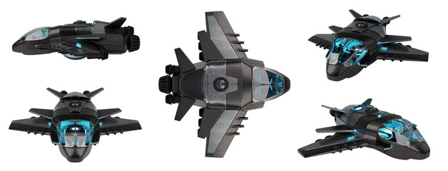 Poster - Futuristic spacecraft collection isolated on white background 3D rendering