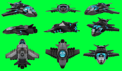 Poster - Futuristic spacecraft collection isolated on green background 3D rendering