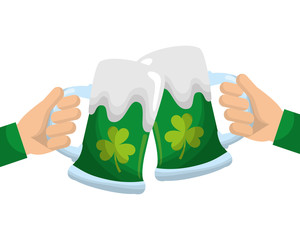 two hands holding green beer glass clover foam celebration vector illustration