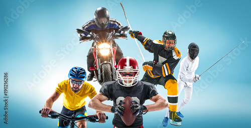 Dekoracja na wymiar  konceptualny-multisportowy-kolaz-z-futbolem-amerykanskim-hokejem-kolarstwem-szermierka