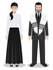 Wall Mural - Set of standing together jewish man and woman in the traditional clothing isolated on white background in flat style. Differences Israelis in the national dress. Vector illustration.