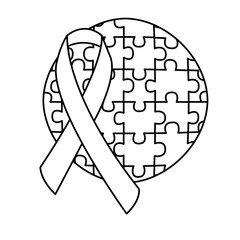 Sticker - round puzzle pieces with ribbon autism emblem vector illustration outline design