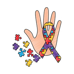 Wall Mural - hand puzzle pieces and ribbon autism concept vector illustration drawing color design