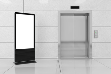 Poster - Blank Trade Show LCD Screen Stand as Template for Your Design near Modern Elevator or Lift with Metal Doors in Office Building. 3d Rendering