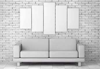 Poster - White Simple Modern Sofa Furniture under Blank White Poster. 3d Rendering