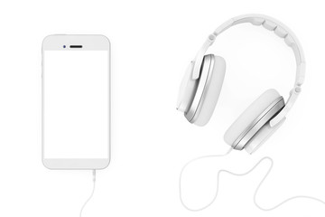 Fototapete - Headphones near Mobile Phone with Blank Touchscreen for Yours Design. 3d Rendering