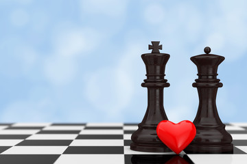Aufkleber - Love Concept. Chess King and Queen Figures with Red Heart over Chessboard. 3d Rendering