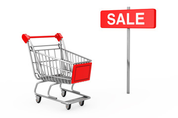 Wall Mural - Red Pole Sale Sign near Shopping Cart. 3d Rendering