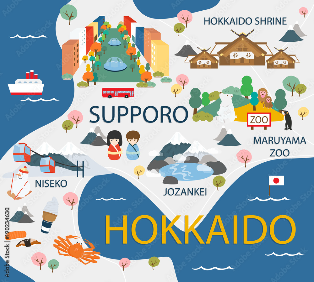 Hokkaido travel map in flat illustration. Stock Vector | Adobe Stock