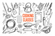 Cooking classes and Kitchen utensil set. Vector hand drawn isolated objects. Icons in sketch style