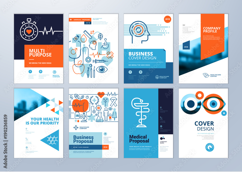 Set of medical brochure, annual report, flyer design templates in A4 size. Vector illustrations for medical, healthcare, pharmacy presentation, document cover and layout template designs. - obrazy, fototapety, plakaty 