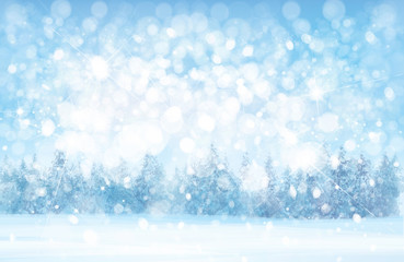 Wall Mural - vector winter snowy forest background, snowfall, blue, nature background.
