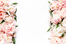 Flower Border Frame Made Of Pink And Beige Buds Peony Bouquet On A White Background. The Apartment Lay, Top View. Floral Texture Background.