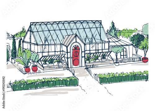 Drawing Of Elegant Glasshouse Building With Red Entrance