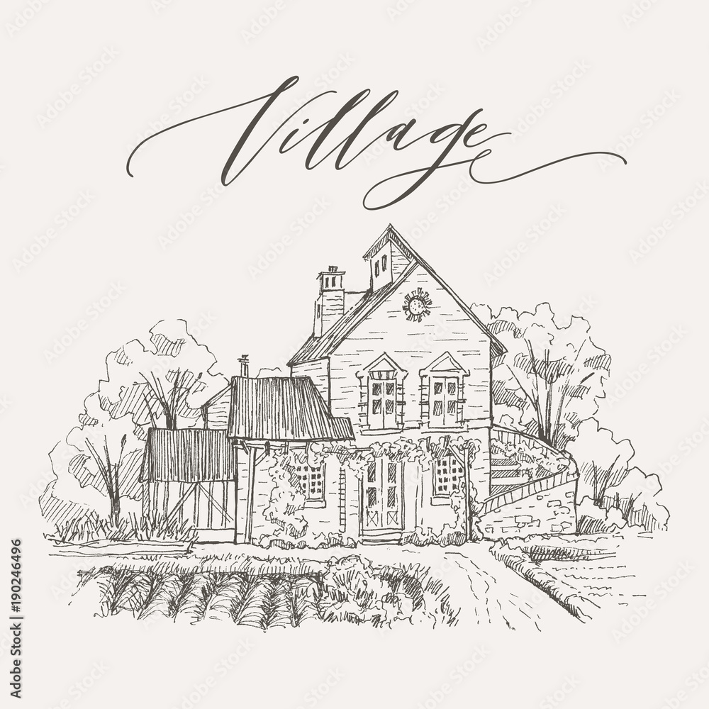 Rural landscape with old farmhouse and garden. Hand drawn illustration ...