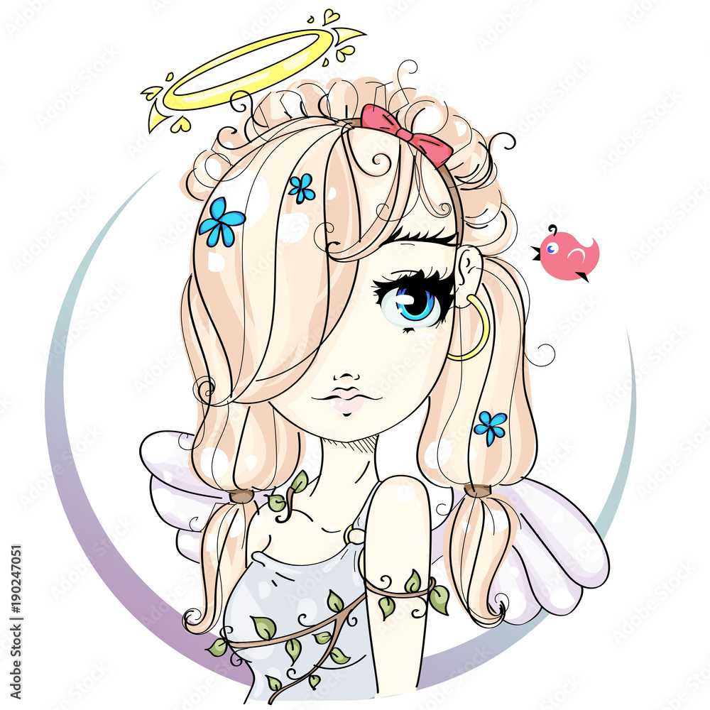 Angel cute little girl with wings, nimbus, blonde hair and big blue ...