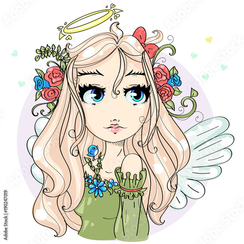 Angel Cute Little Girl With Wings Nimbus Flowers In Blonde Hair