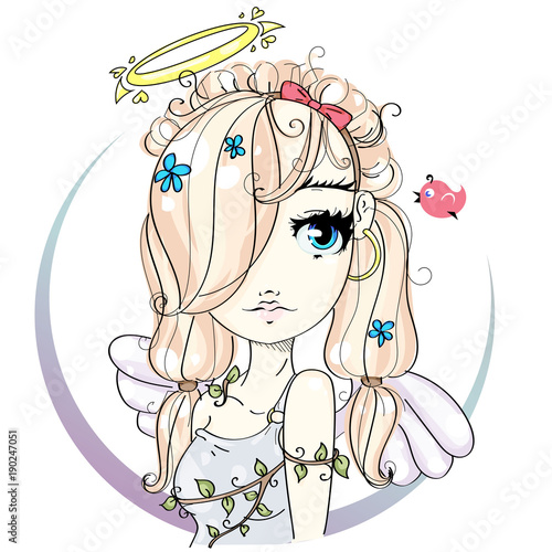 Angel Cute Little Girl With Wings Nimbus Blonde Hair And Big