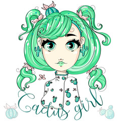 Wall Mural - Cute fashion cactus girl cartoon character, hand drawn vector illustration